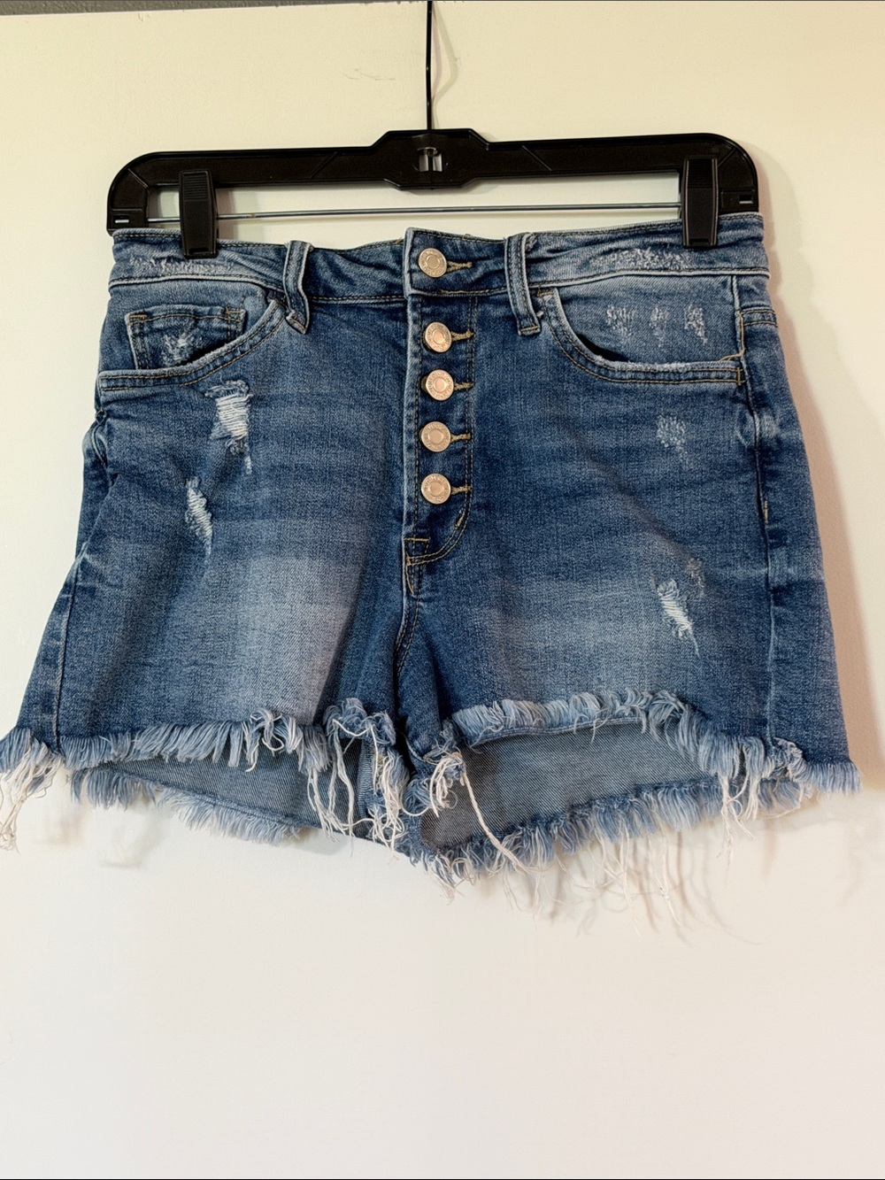 Button-Fly Distressed Denim Shorts - Blue